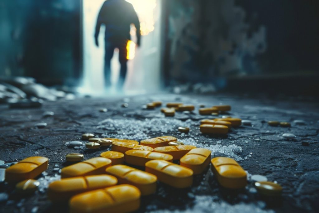 Yellow pills are scattered on a gritty floor in a dimly lit room, as a blurry figure walks away toward a bright doorway—reminiscent of evidence scenes often handled by a criminal defense attorney in Gwinnett County.