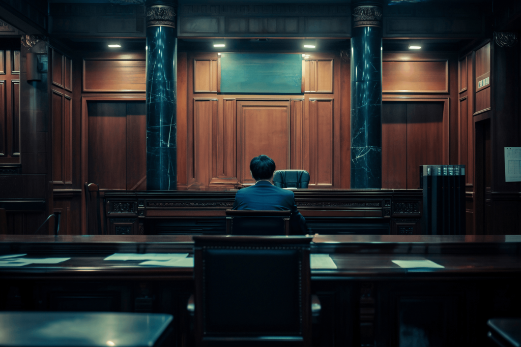 A probation violation lawyer in Gwinnett County sits alone at the judge’s bench in an empty, dimly lit courtroom with wood paneling and marble columns.