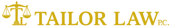 Tailor Law P.C. logo in gold with a stylized letter "T" featuring scales of justice on the left.